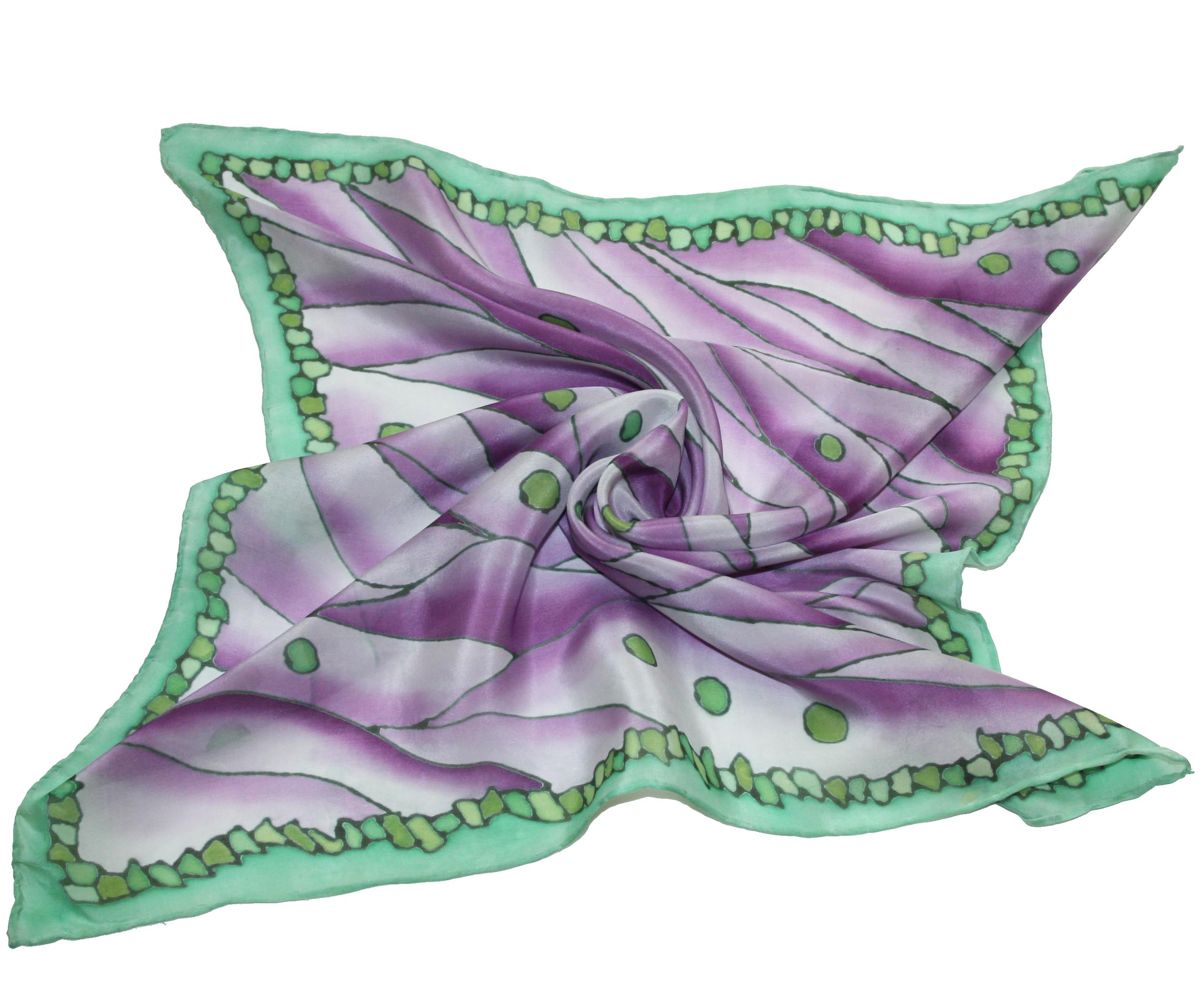 Malovaný hedvábný šátek - Zelené puntíky na vlnách