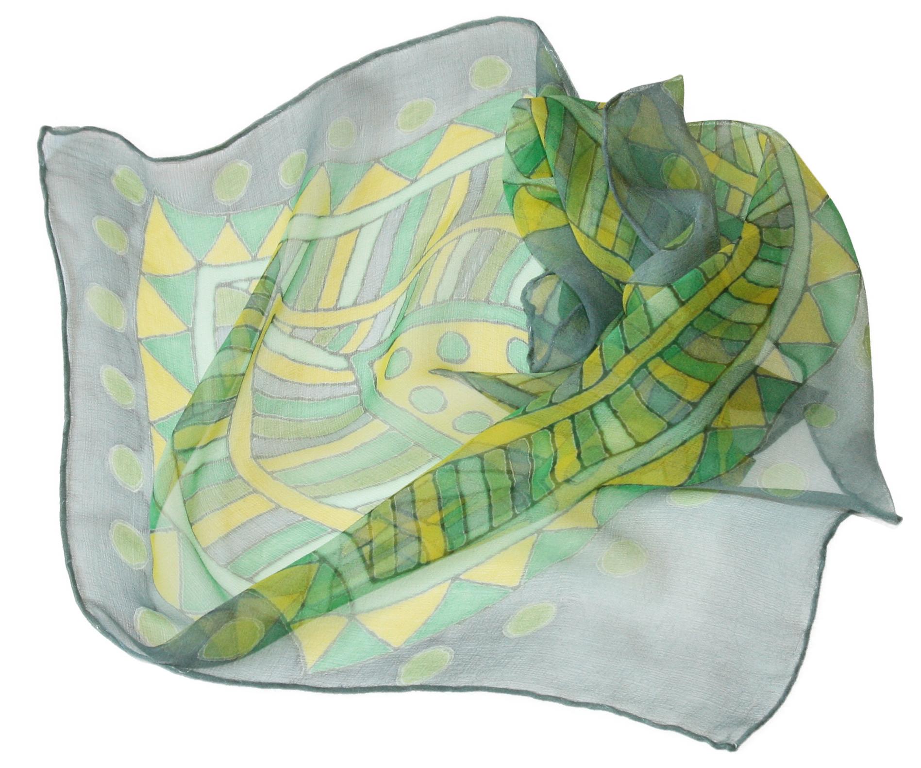 Malovaný hedvábný šátek - Ornament žluto-zelený