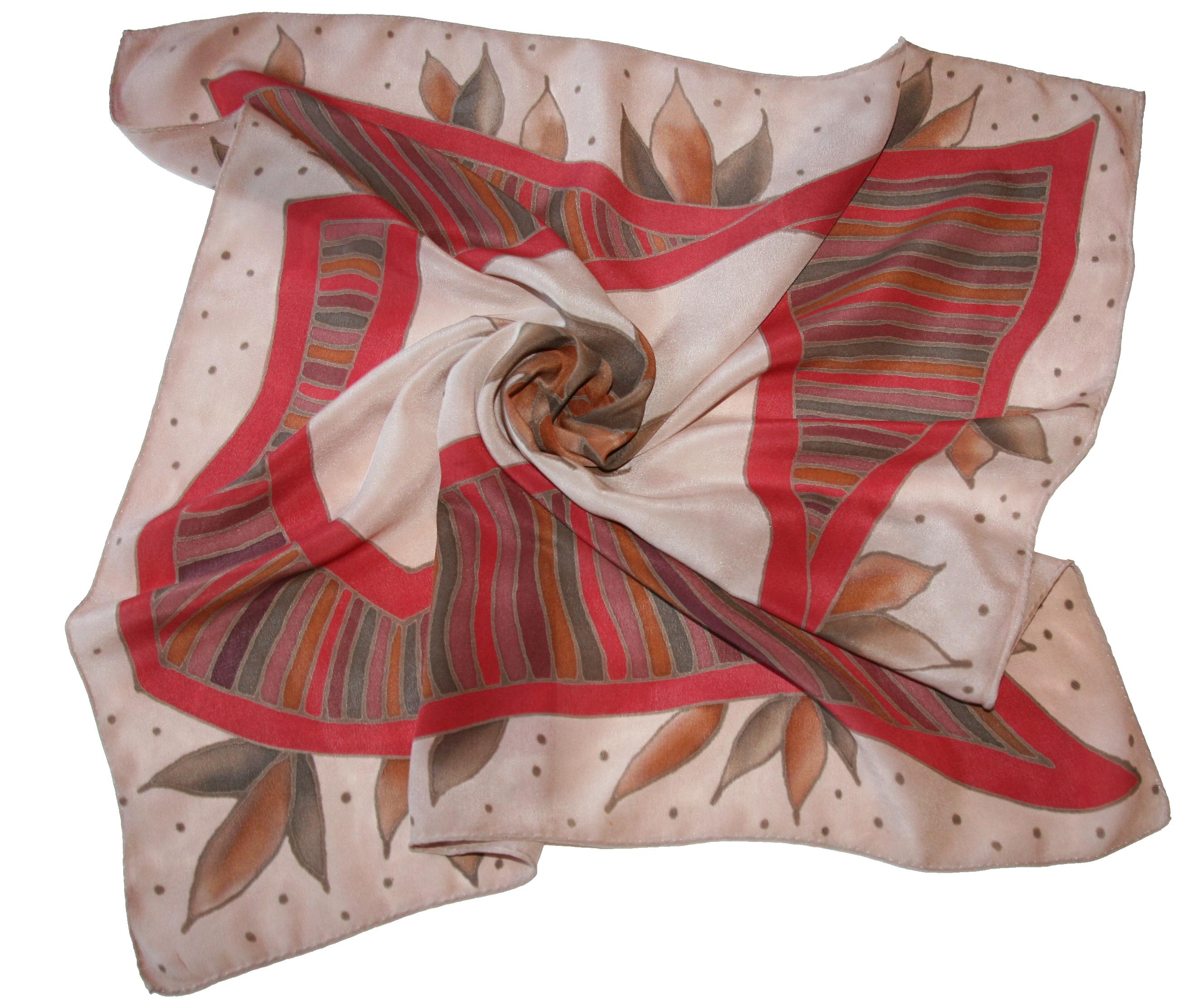 Malovaný hedvábný šátek - Ornament hnědo-červený