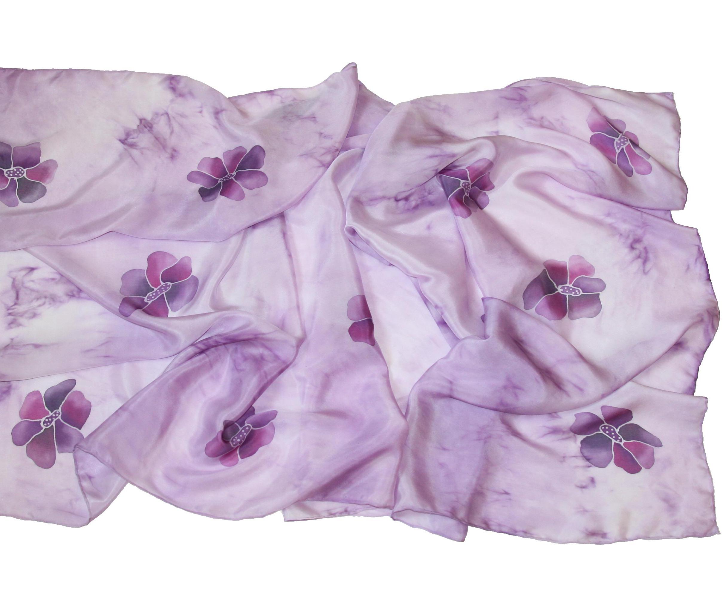 Malovaná hedvábná šála - Květy fialové