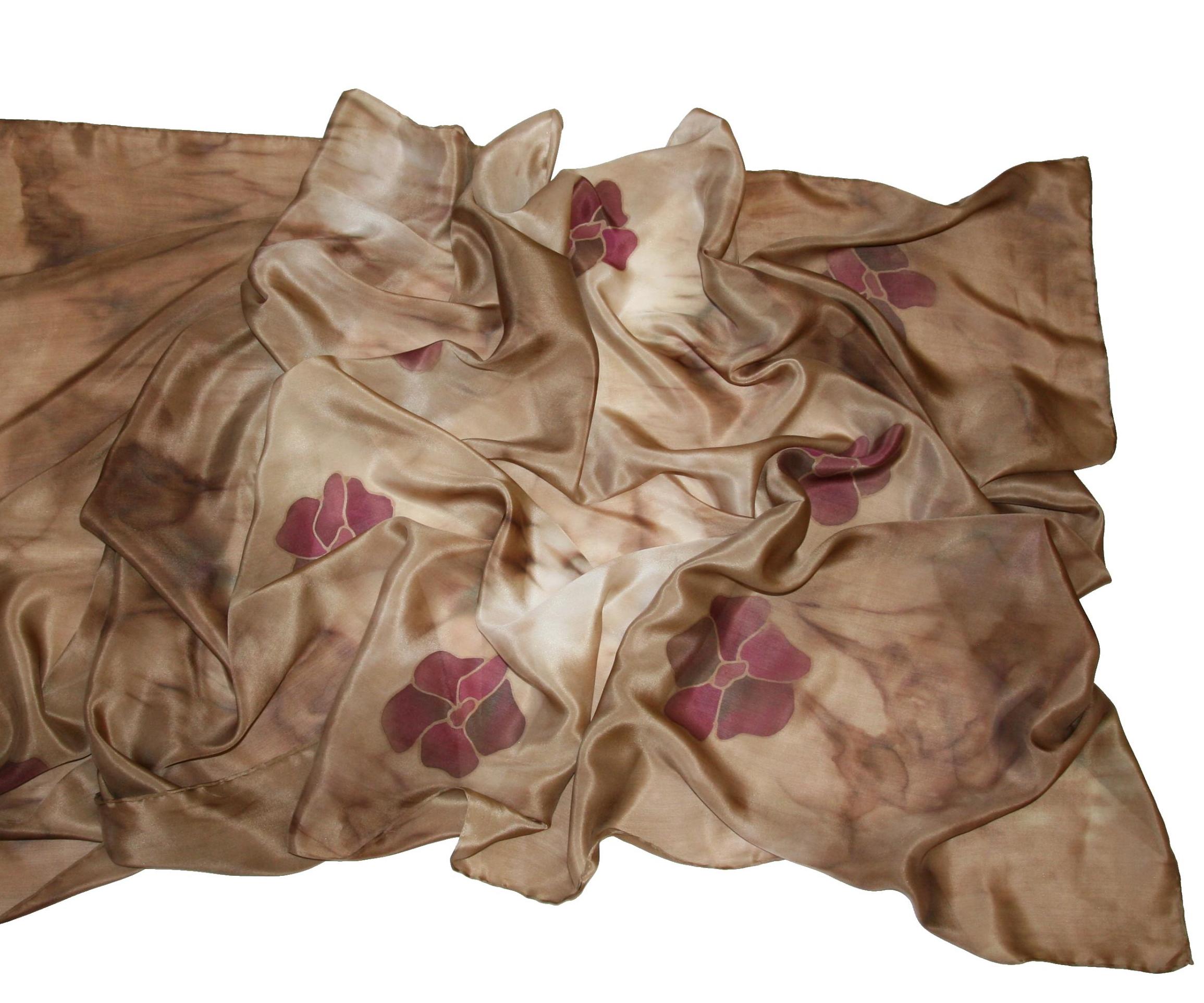 Hnědé květy - hedvábná šála ručně malovaná