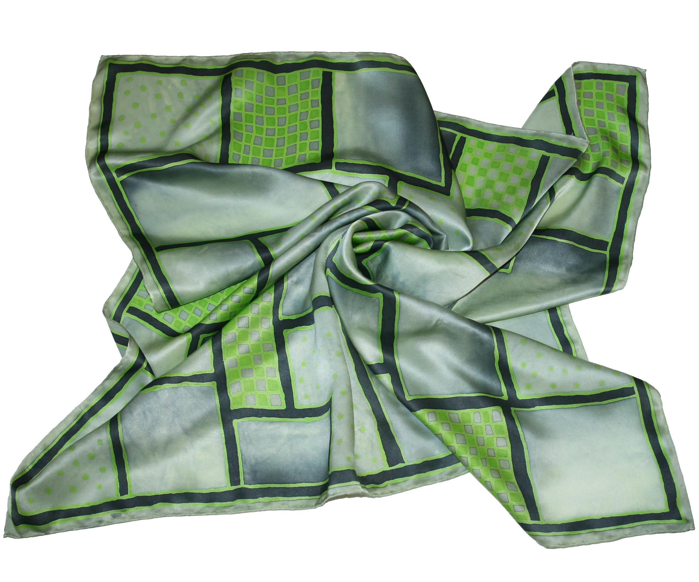 Čtvercování šedozelené - hedvábný šátek ručně malovaný
