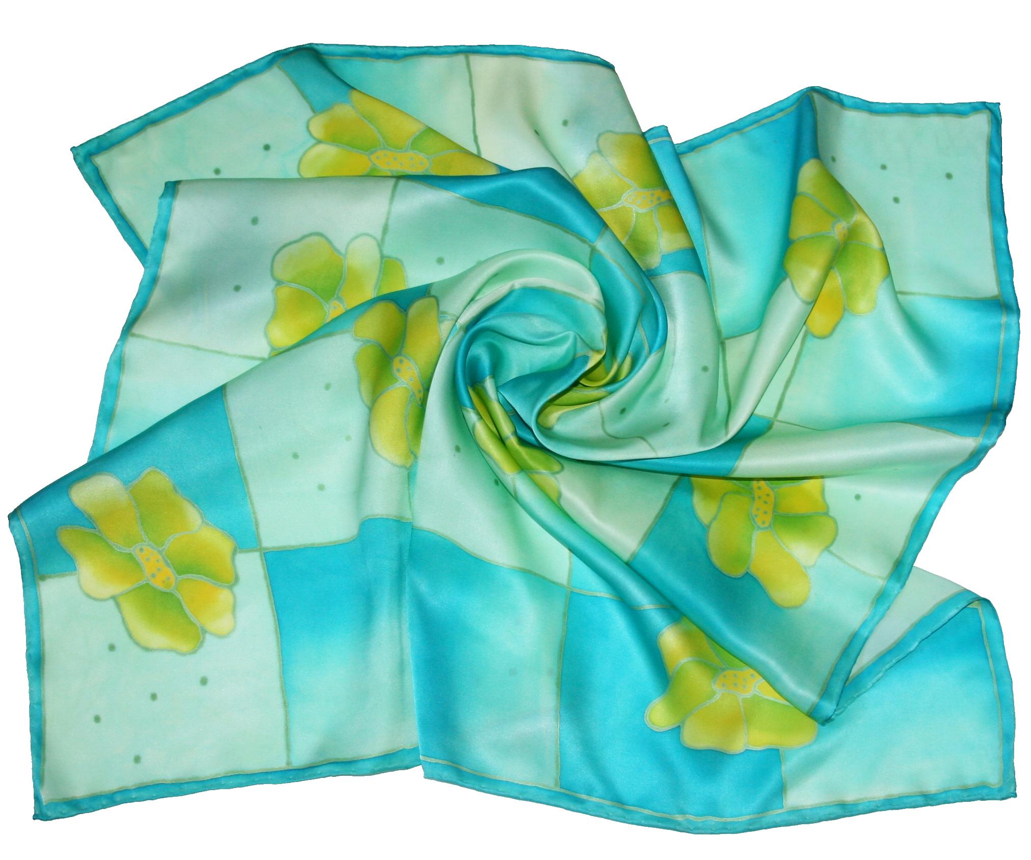 Květy v azurové modři - hedvábný šátek ručně malovaný