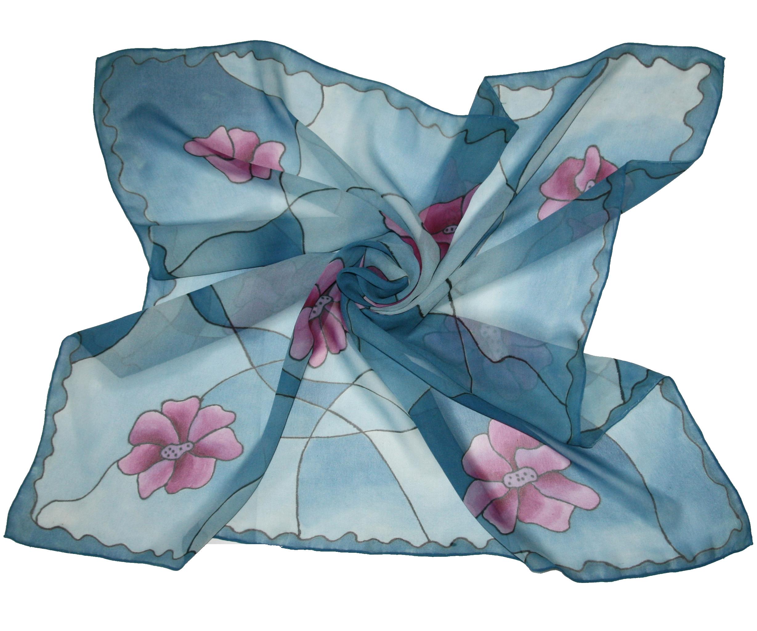 Velké květy v modři - ručně malovaný hedvábný šátek
