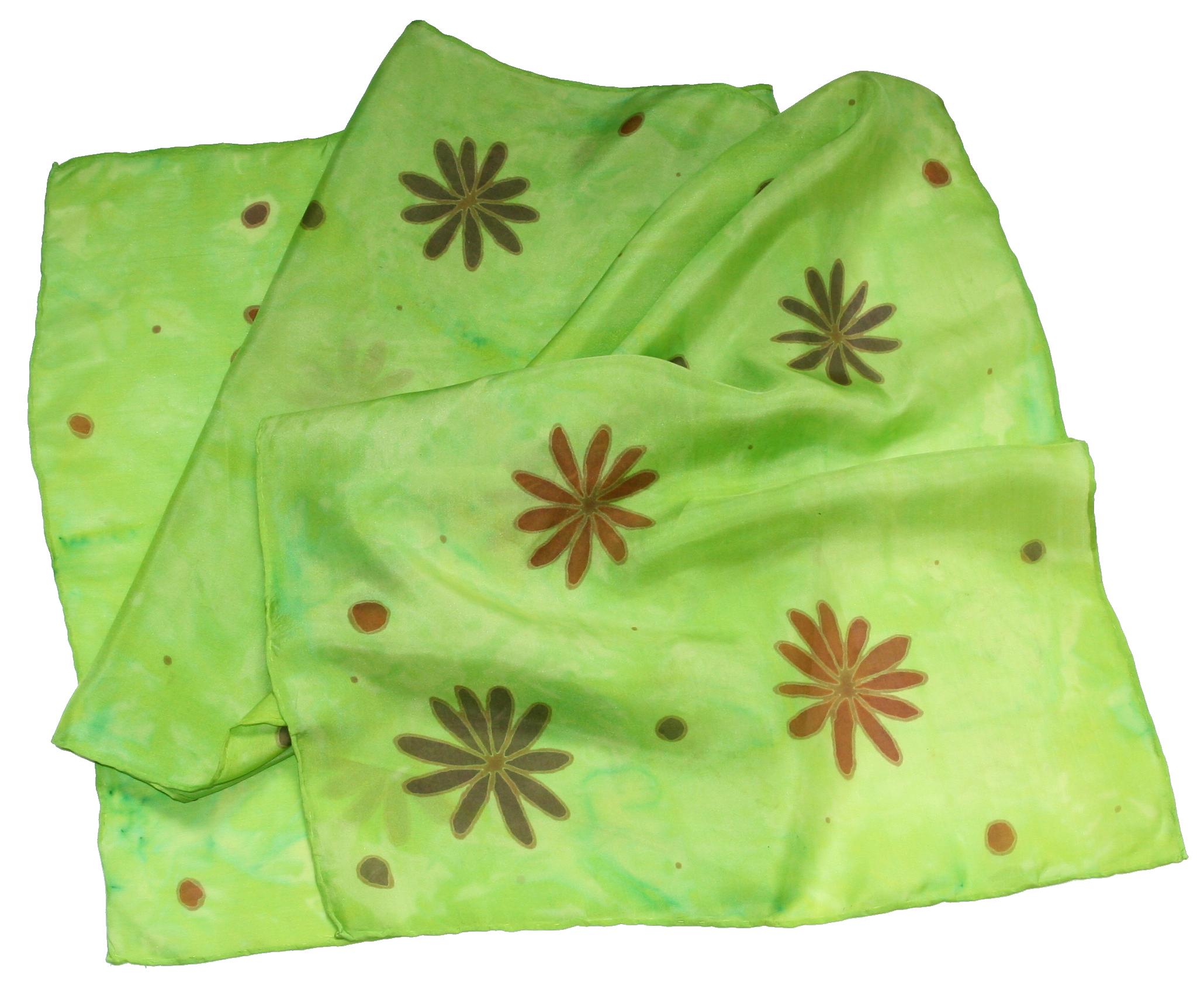 Hnědé kvítky v zelené - hedvábná šála ručně malovaná