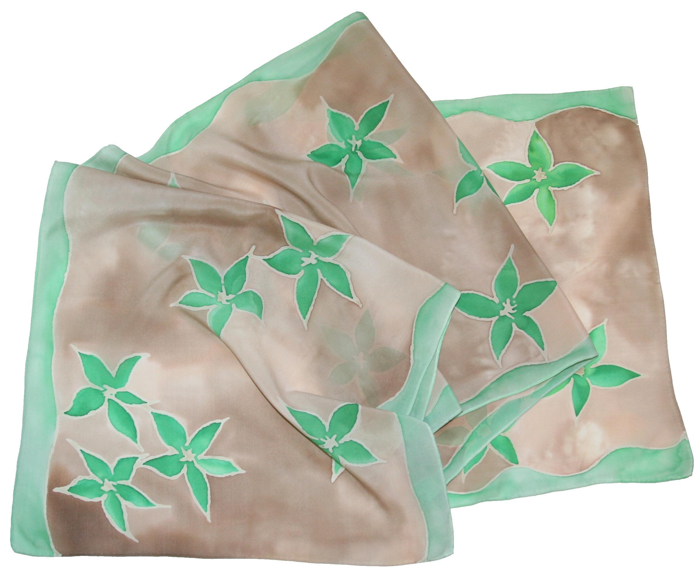 Zelené květy v hnědé - hedvábná šála ručně malovaná
