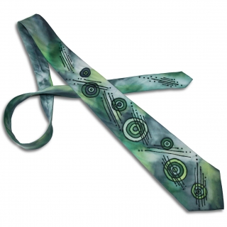 Malovaná hedvábná kravata - Kruhy zelené