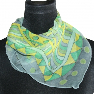 Malovaný hedvábný šátek - Ornament žluto-zelený