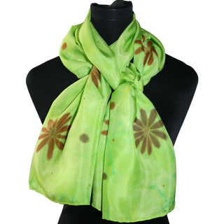 Hnědé kvítky v zelené - hedvábná šála ručně malovaná