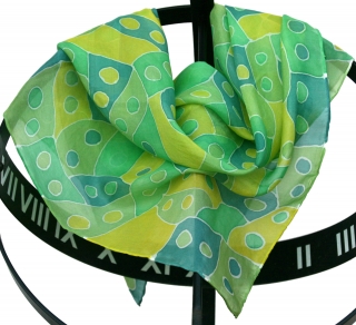Malovaný hedvábný šátek - Puntíky žluto-zelené